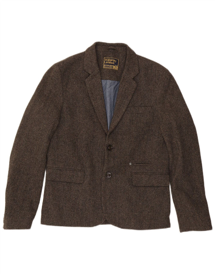 Jaqueta blazer masculina Superdry com 2 botões Reino Unido 44 2XL marrom espinha de peixe algodão
