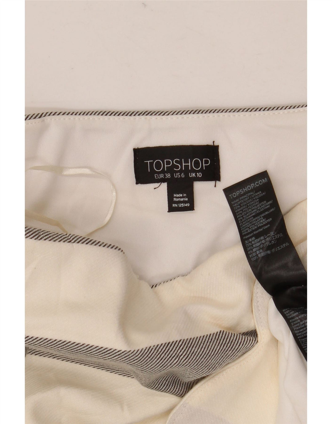 Mini saia feminina Topshop Reino Unido 10 pequena W28 viscose listrada branca