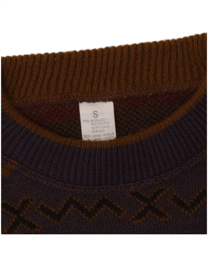 Suéter vintage masculino com gola redonda, pequeno, multicolorido, acrílico chevron