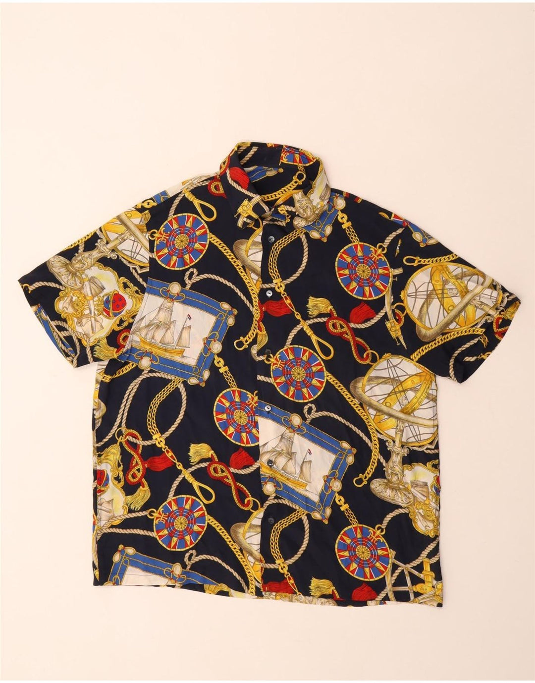 Camisa masculina vintage de manga curta com padrão abstrato azul marinho médio