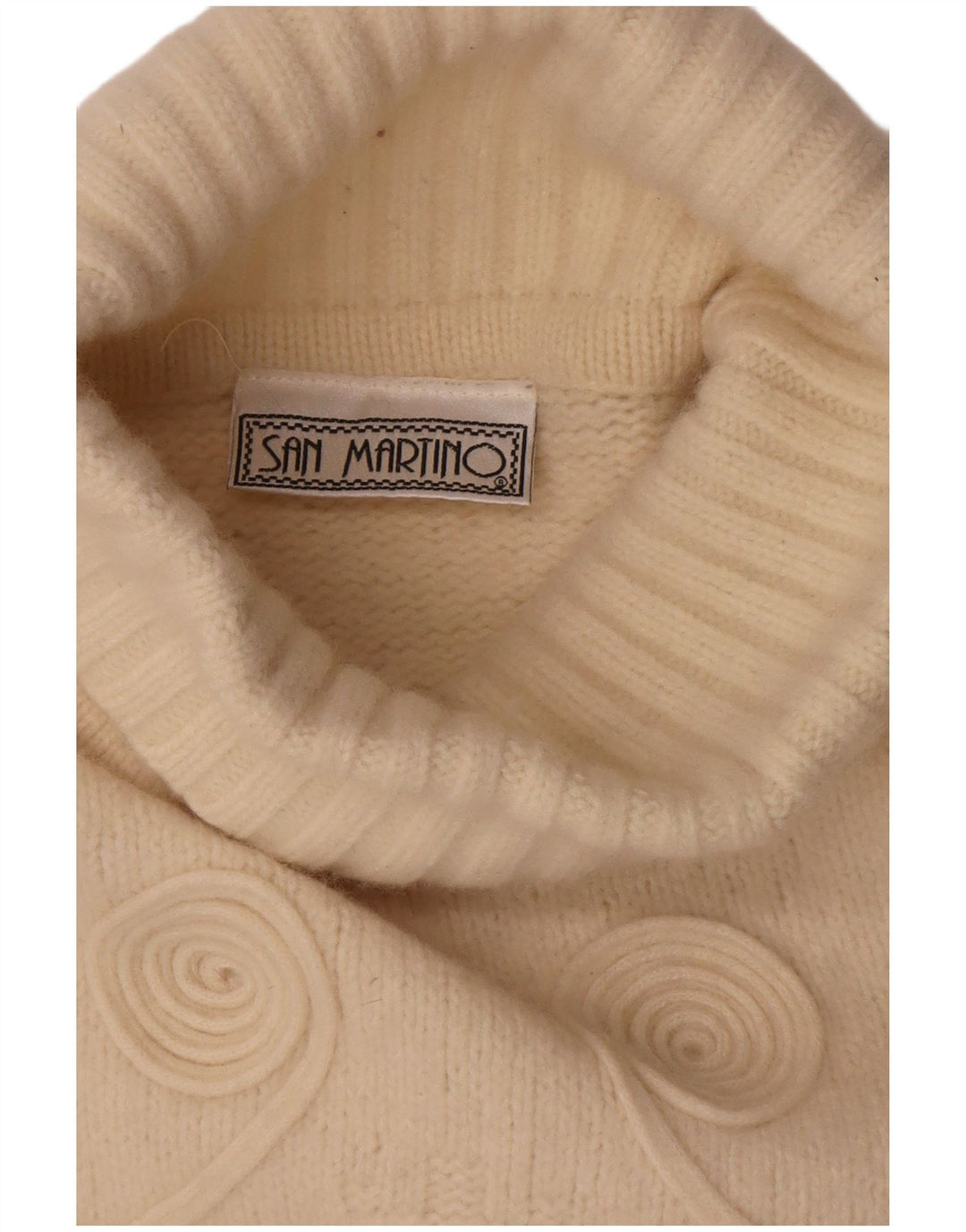 Suéter feminino vintage com gola redonda Reino Unido 14 médio esbranquiçado geométrico