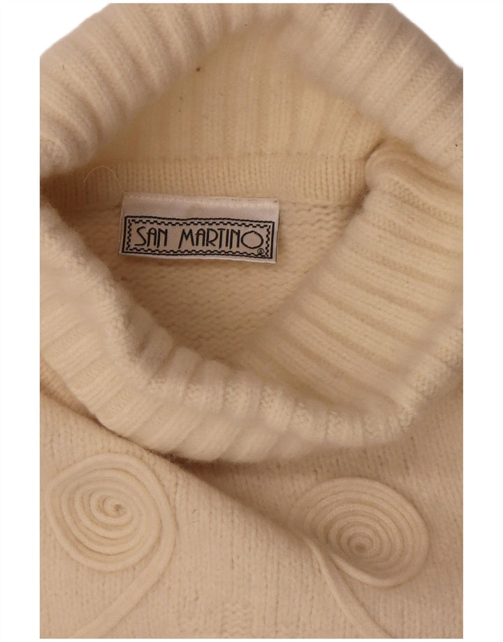 Suéter feminino vintage com gola redonda Reino Unido 14 médio esbranquiçado geométrico