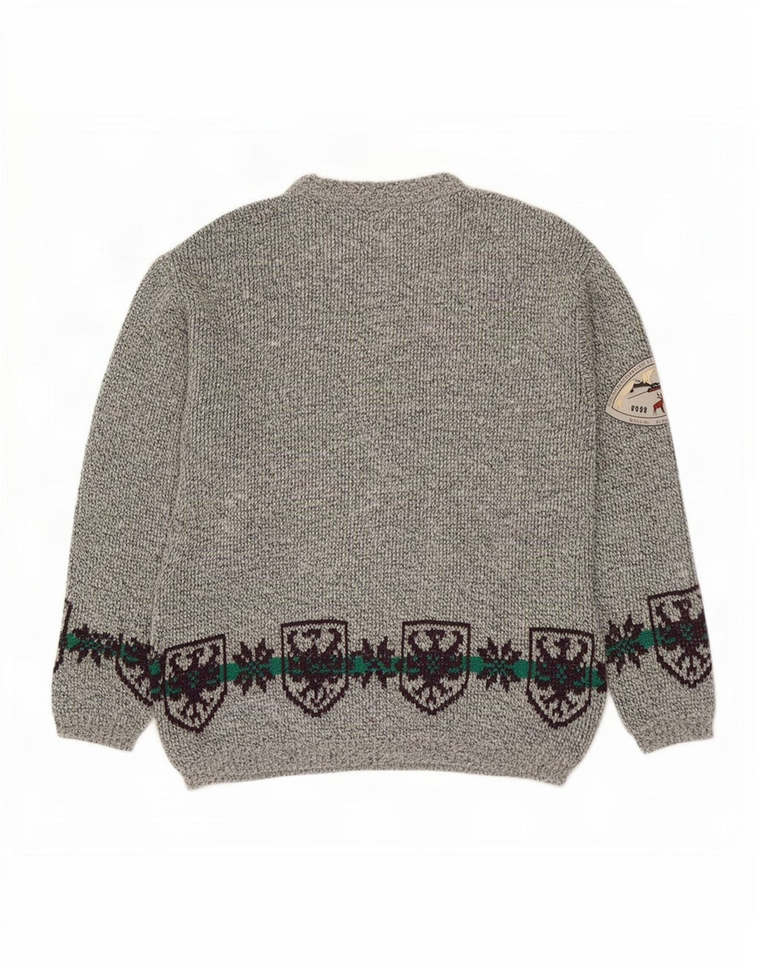 Suéter vintage masculino com gola redonda, grande lã Fair Isle cinza