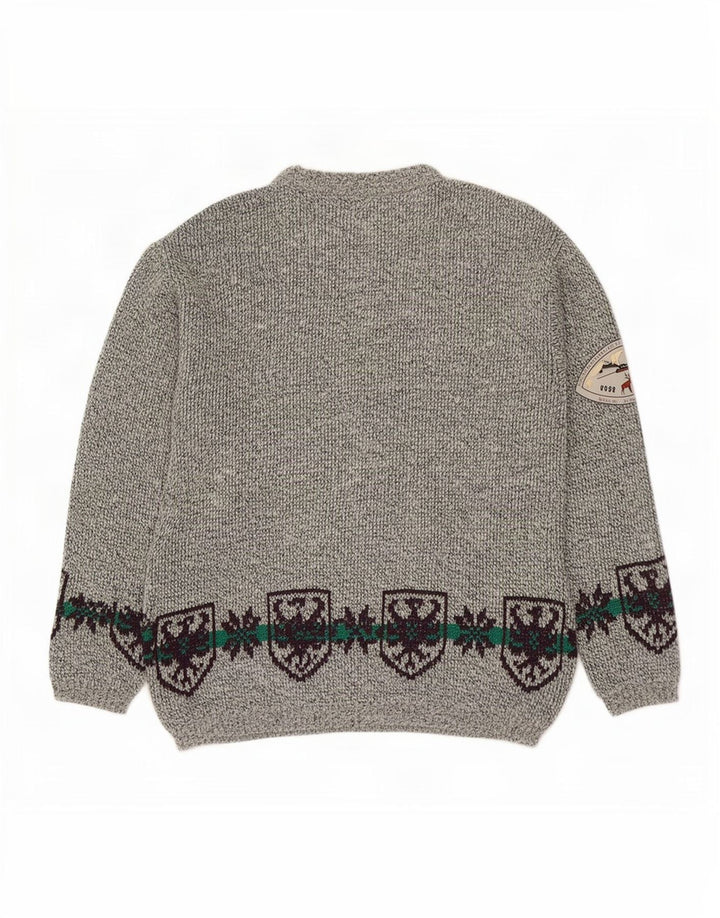 Suéter vintage masculino com gola redonda, grande lã Fair Isle cinza