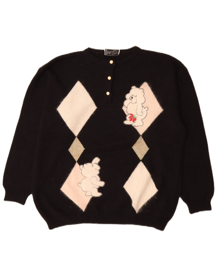 Suéter feminino Baldini com gola redonda e botão Reino Unido 16 grande preto argyle/diamante