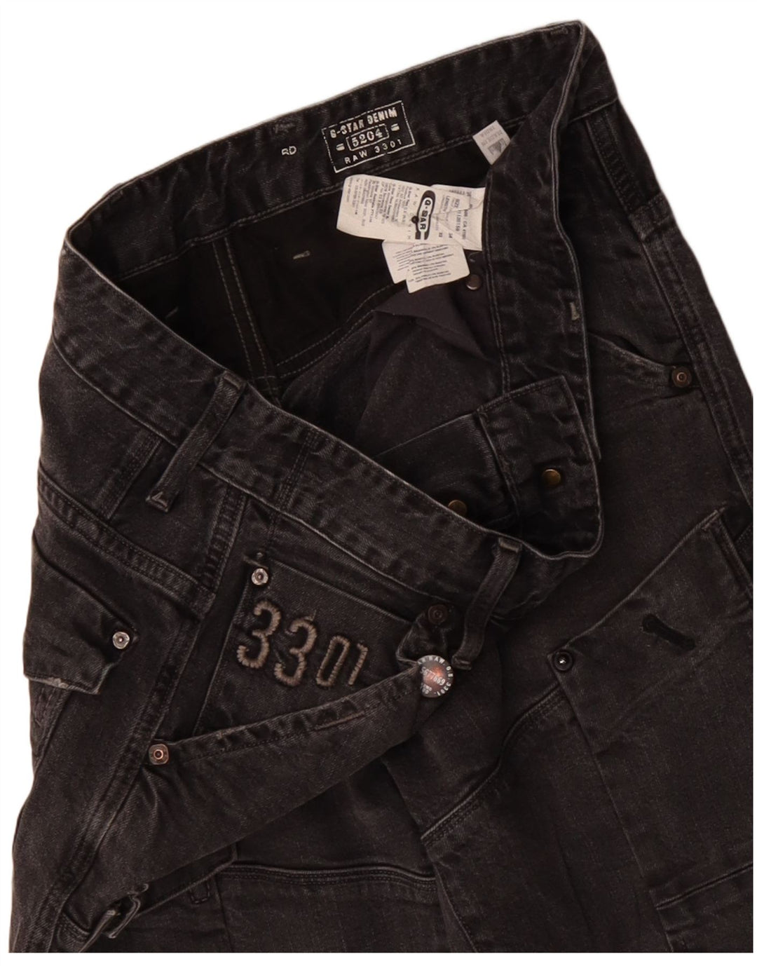 G-Star Masculino 3301 Cargo Straight Jeans W34 L32 Algodão Preto