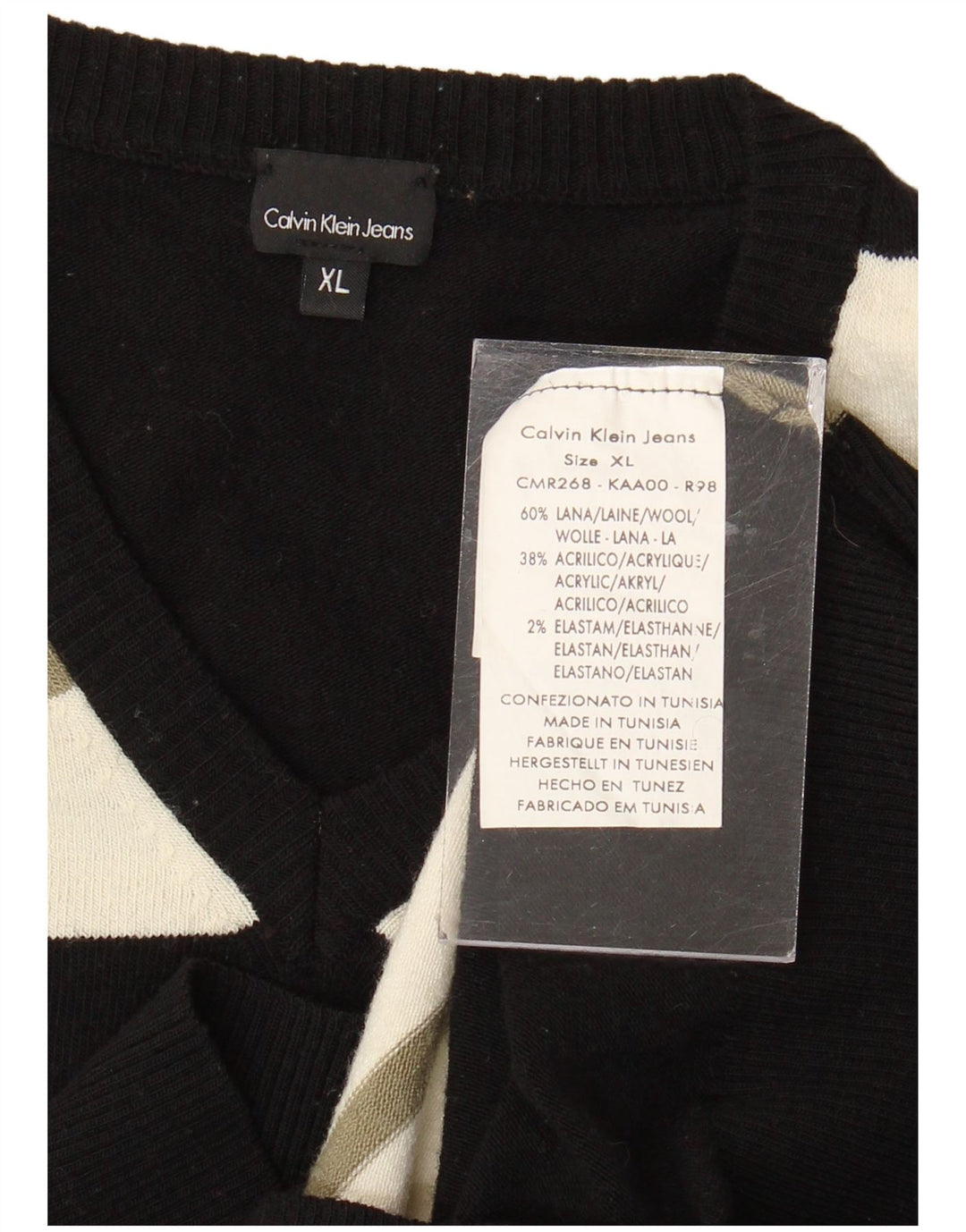Suéter feminino Calvin Klein Jeans com decote em V pequeno listrado preto de lã