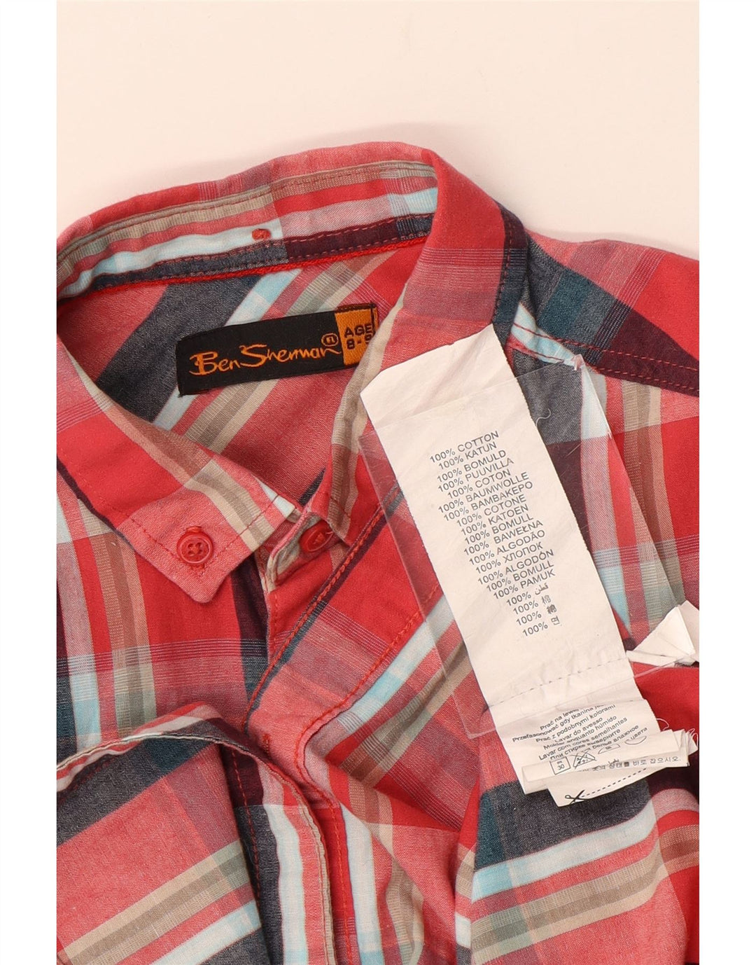 Camisa masculina de manga curta BEN SHERMAN 8-9 anos algodão xadrez vermelho