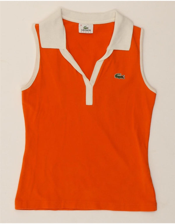 Camisa polo feminina sem mangas LACOSTE tamanho 38 bloco colorido laranja médio