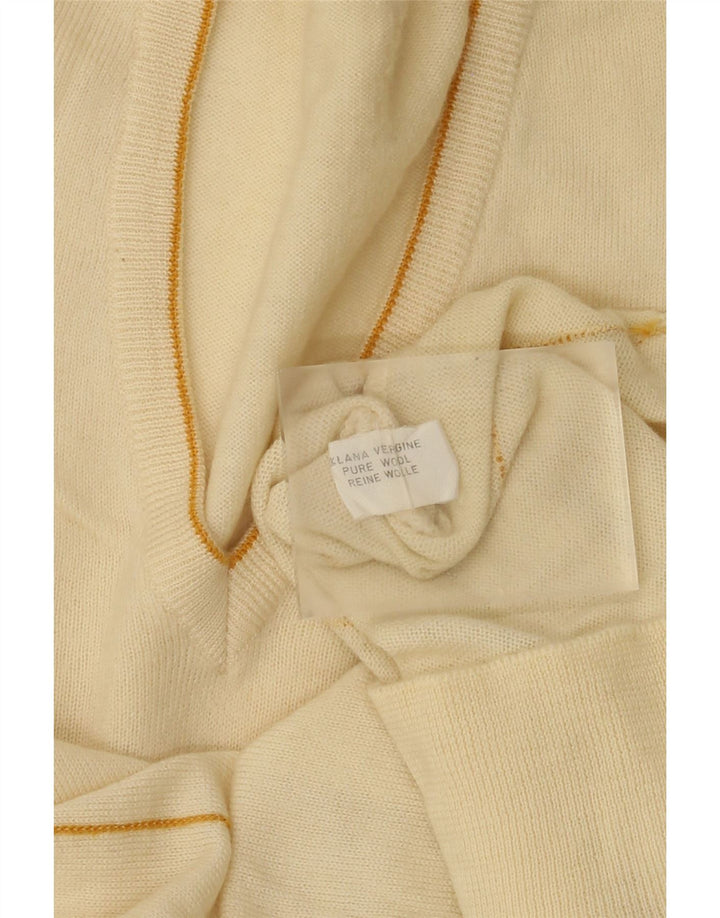 Suéter masculino vintage com decote em V médio de lã listrada branca