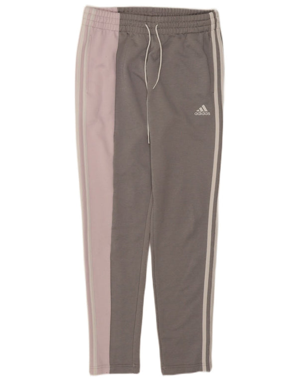 Calça de treino feminina Adidas UK 8/10 pequena cinza colorblock poliéster