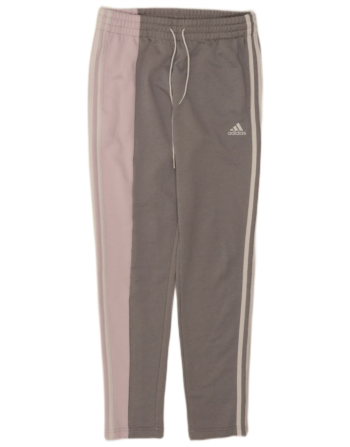 Calça de treino feminina Adidas UK 8/10 pequena cinza colorblock poliéster