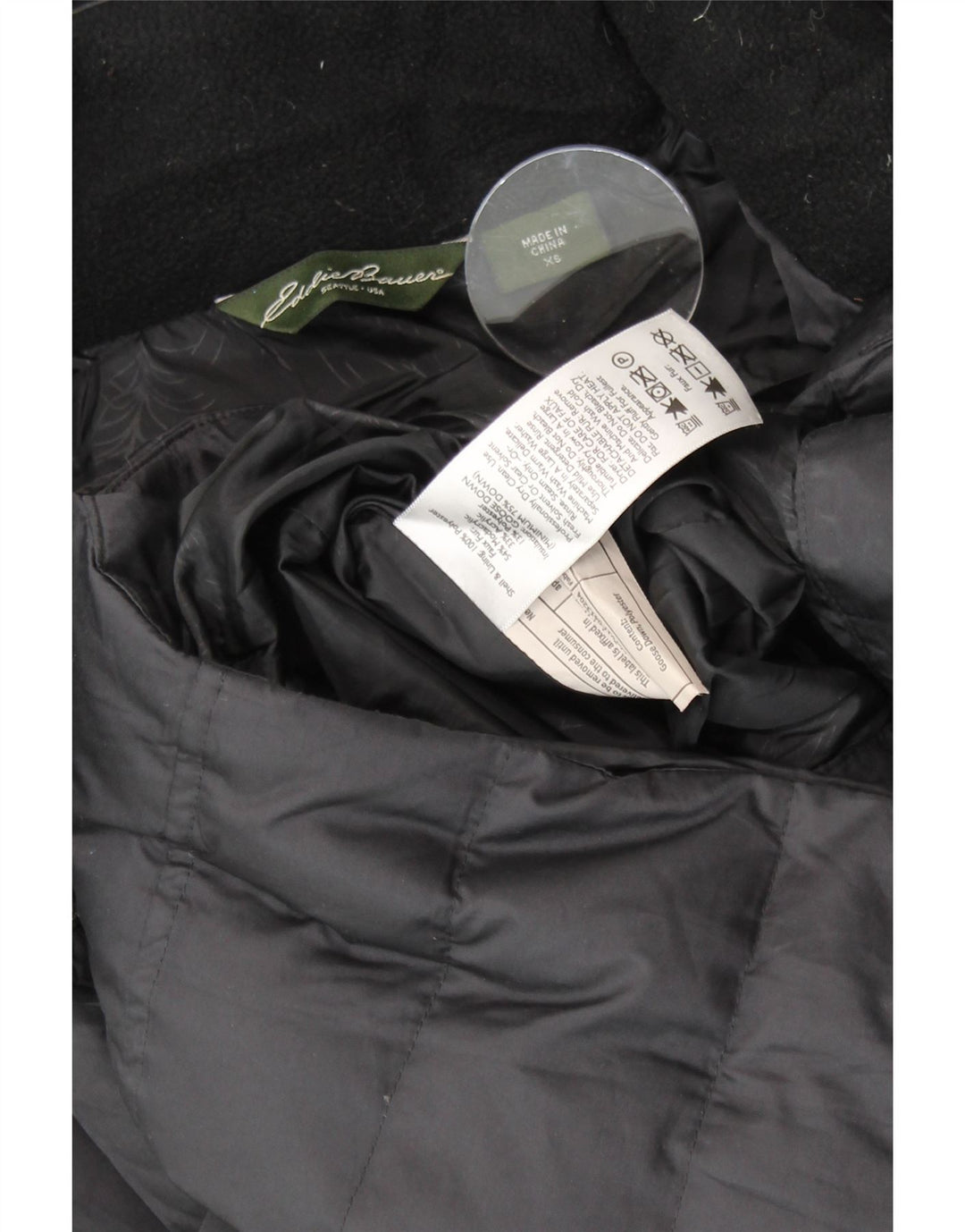 Casaco feminino EDDIE BAUER acolchoado com capuz grande UK 6 XS poliéster preto