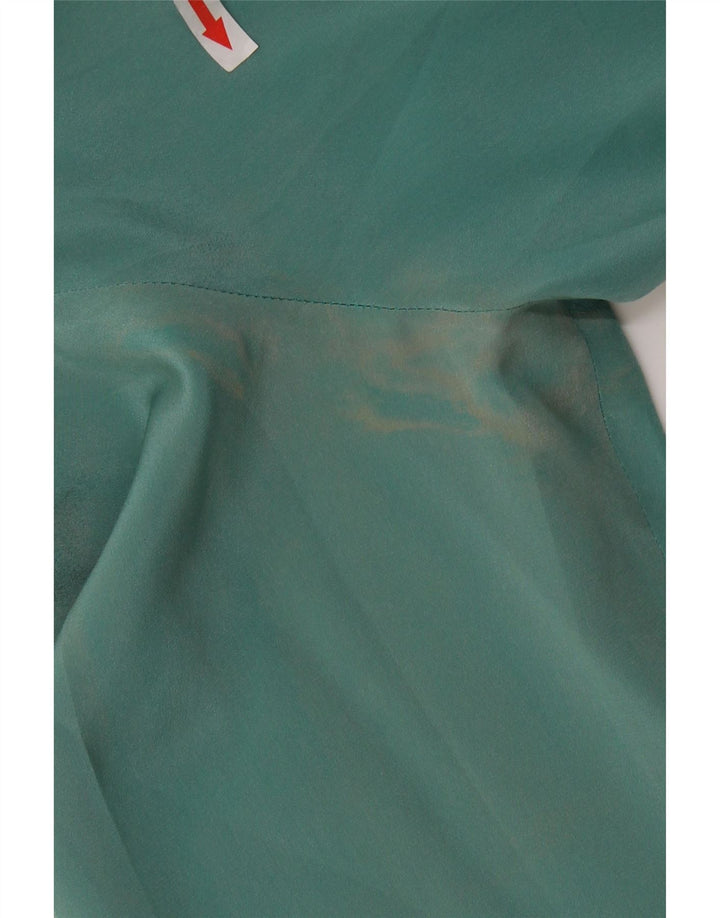 Blusa feminina vintage de manga comprida com gravata frontal Reino Unido 16 seda verde grande