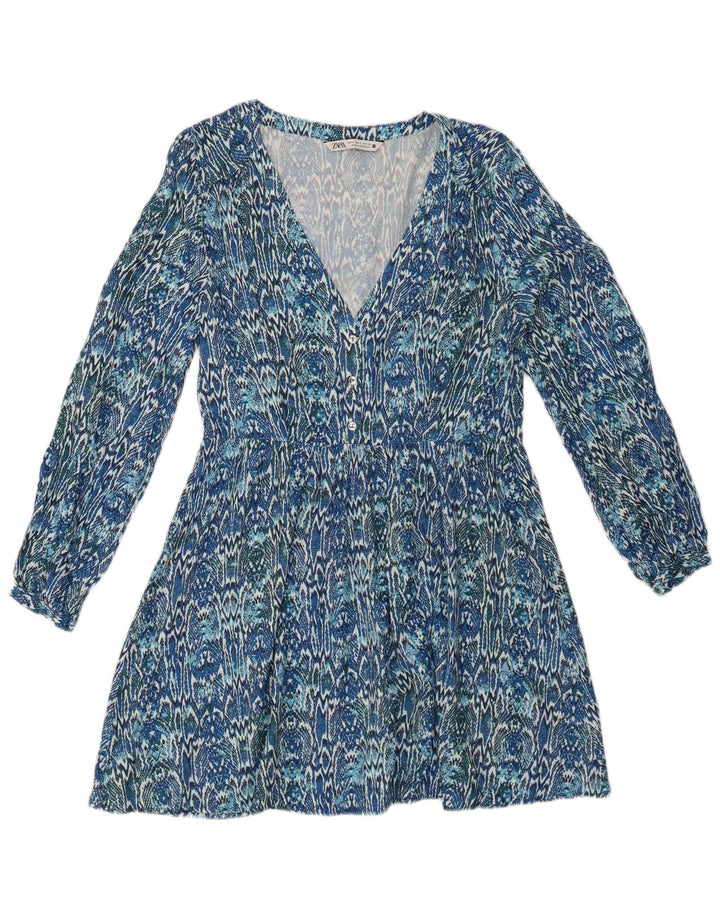 Vestido feminino ZARA manga comprida evasê Reino Unido 10 pequeno azul Ikat Viscose