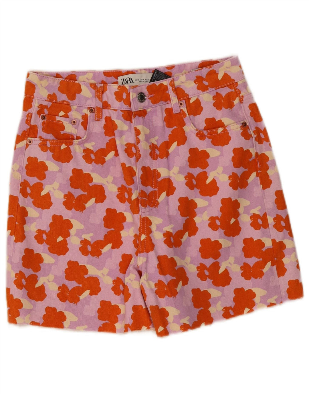 Shorts jeans feminino de cintura alta ZARA UE 36 pequeno W26 floral multicolorido