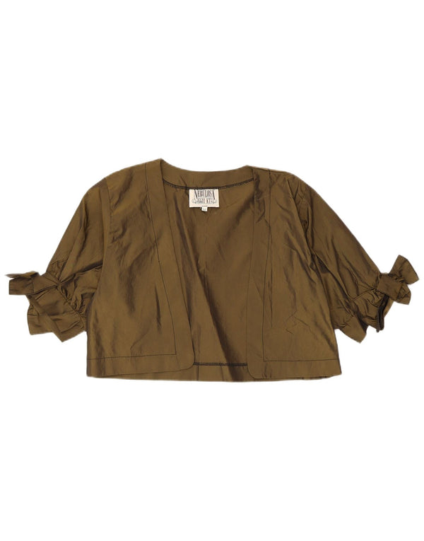 Top Bolero feminino vintage de manga 1/2 Reino Unido 14 poliéster cáqui médio