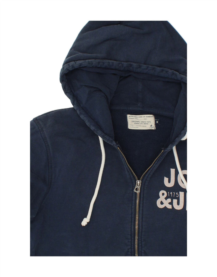 JACK & JONES Mens Graphic Zip Hoodie Sweater Medium Navy Blue Cotton Vintage Jack & Jones and Second-Hand Jack & Jones from Messina Hembry 