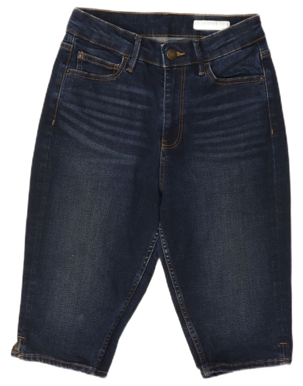 Bermuda jeans feminina Marks & Spencer UK 8 pequena W26 algodão azul marinho