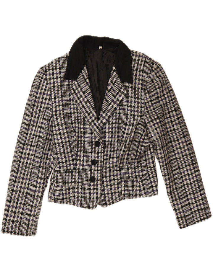 Jaqueta blazer feminina vintage com 3 botões IT 44 lã houndstooth cinza médio