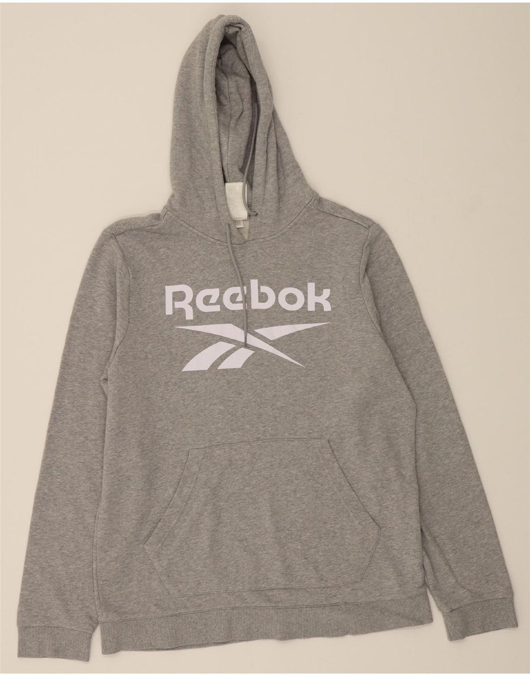 REEBOK Mens Graphic Hoodie Jumper Large Grey Flecked Cotton Vintage Reebok and Second-Hand Reebok from Messina Hembry 