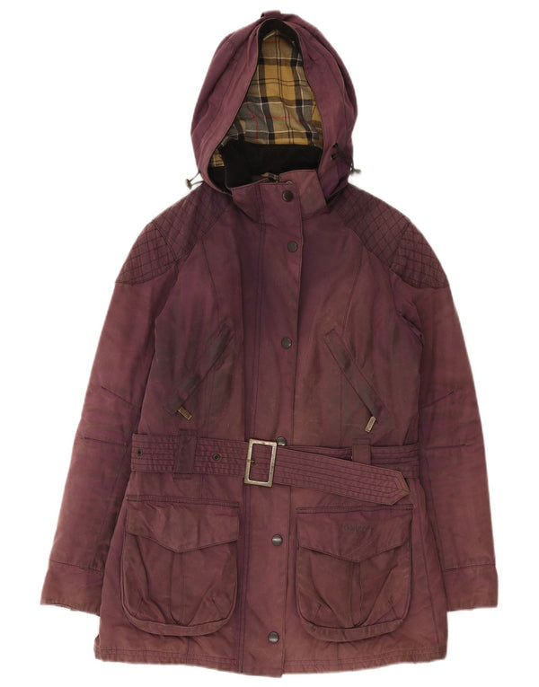 Jaqueta feminina de algodão encerado com capuz Barbour UK 8 pequena roxa