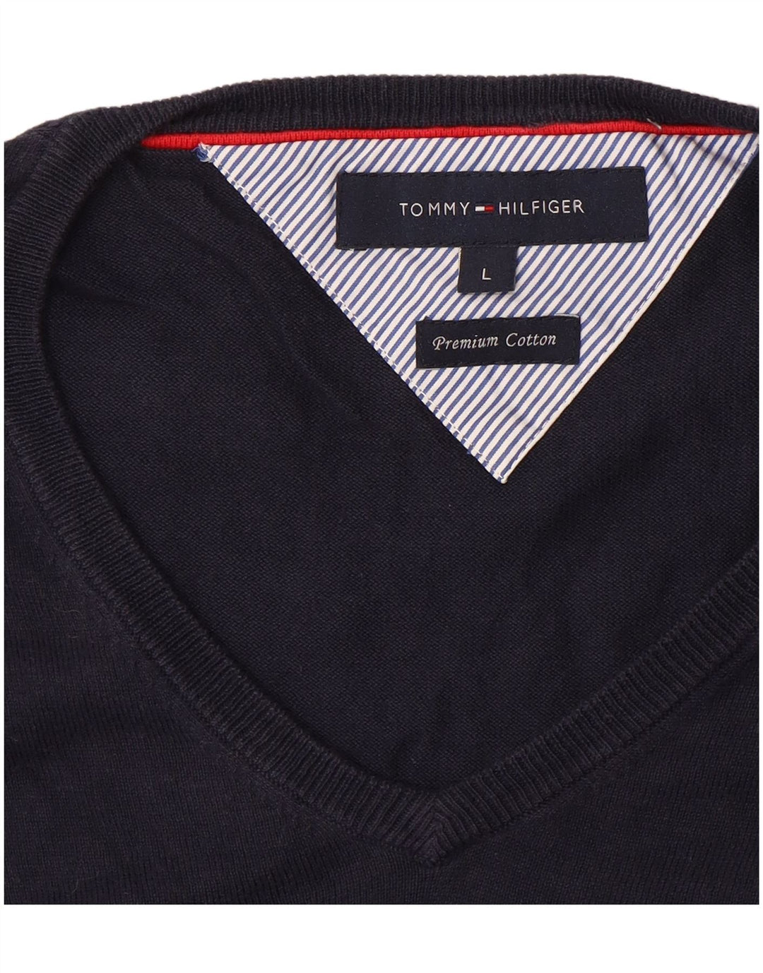 Suéter masculino TOMMY HILFIGER com decote em V grande algodão azul marinho