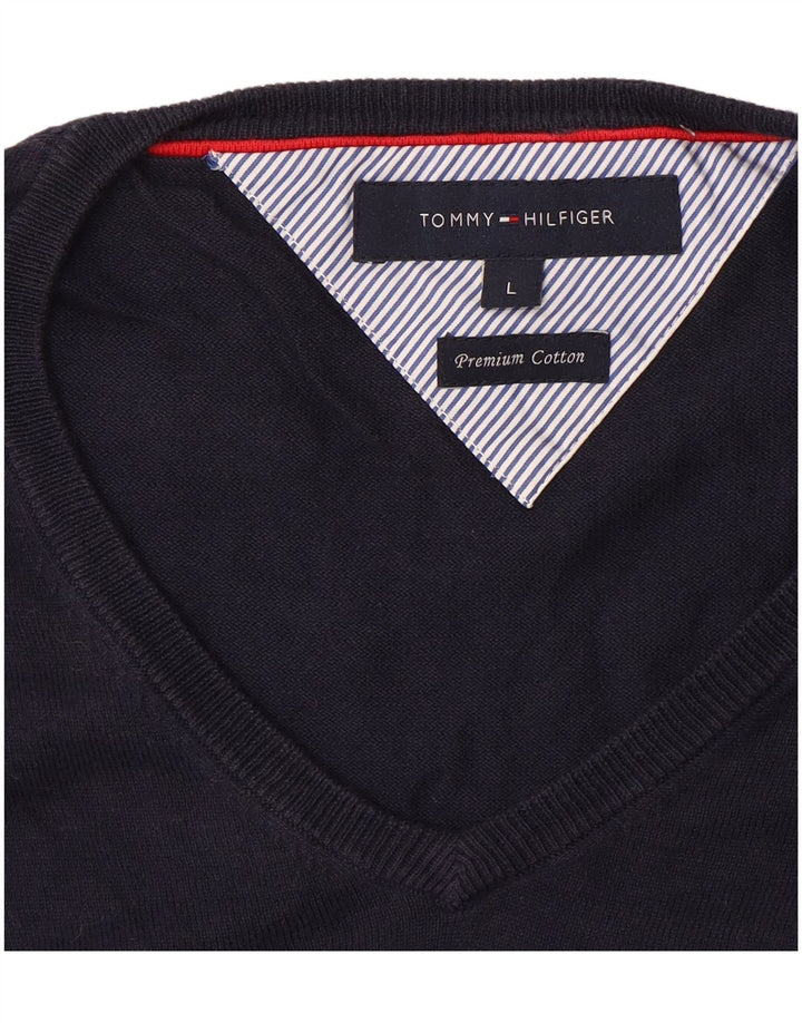 Suéter masculino TOMMY HILFIGER com decote em V grande algodão azul marinho