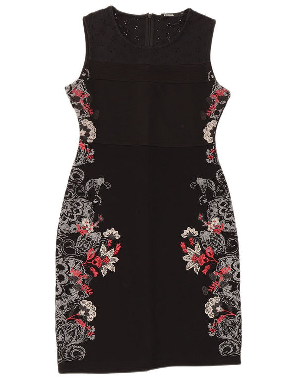 Vestido feminino Desigual sem mangas com bainha UK 8 pequeno preto floral viscose