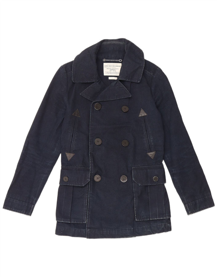 Zara Mens Pea Coat UK 36 Pequeno Algodão Azul Marinho