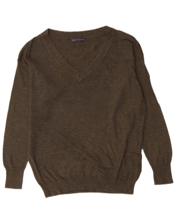 Suéter feminino Marks & Spencer grande com decote em V Reino Unido 10 pequeno cáqui