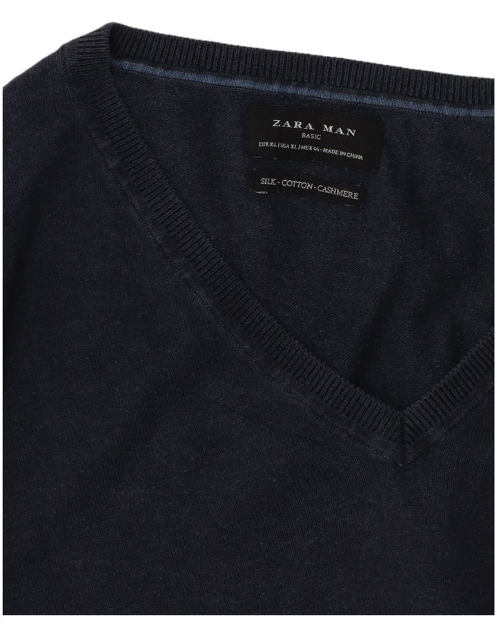 Zara Suéter masculino com decote em V XL azul marinho algodão