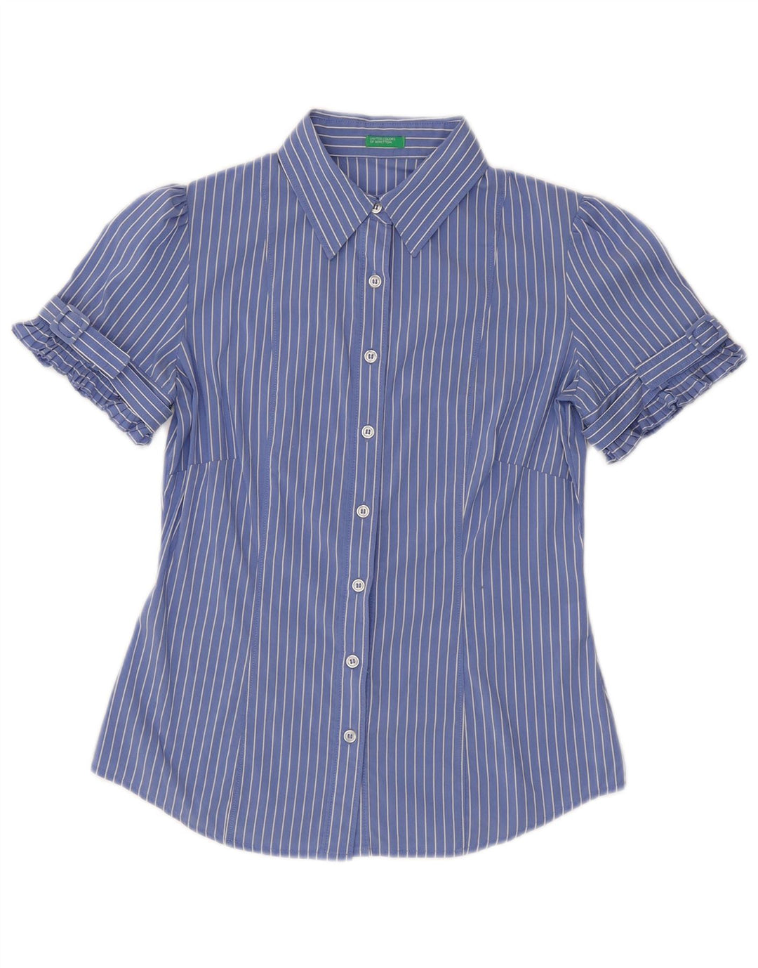 Camisa feminina de manga curta Benetton UK 10 pequena listrada azul