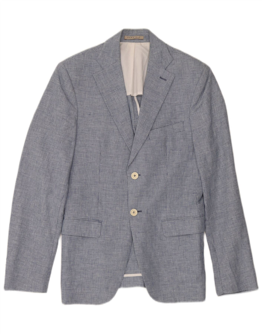 Jaqueta blazer masculina Zara com 2 botões UE 46 pequeno azul houndstooth linho