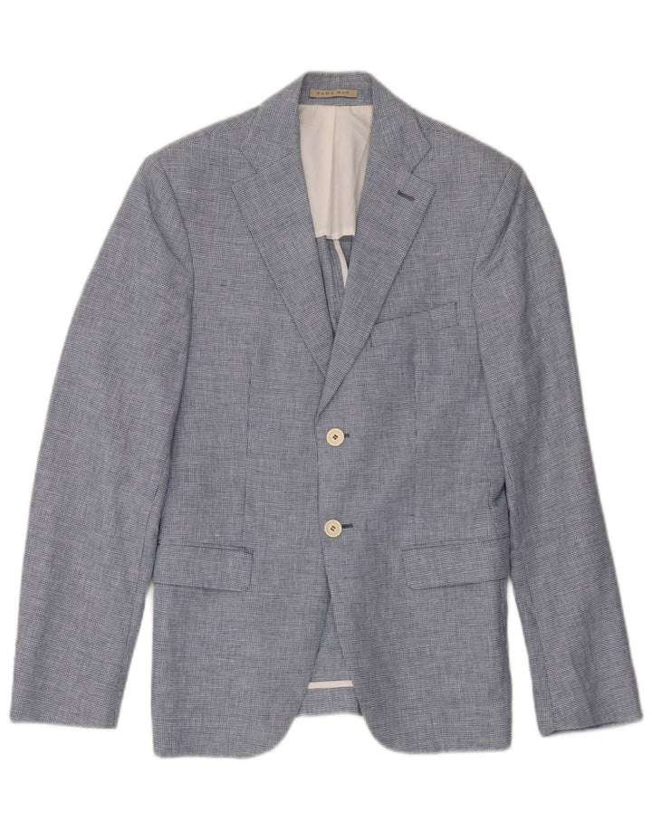 Jaqueta blazer masculina Zara com 2 botões UE 46 pequeno azul houndstooth linho