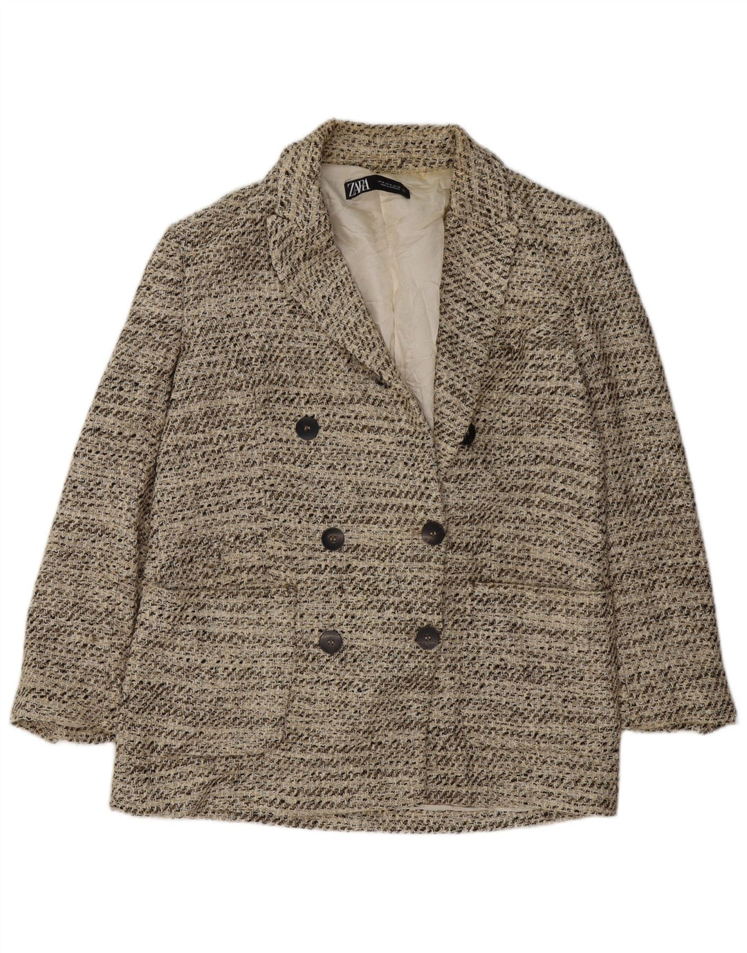 Jaqueta blazer feminina Zara com peito duplo Reino Unido 14 algodão manchado bege médio