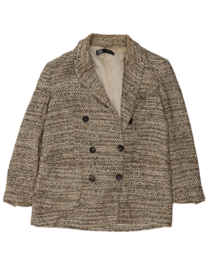 Jaqueta blazer feminina Zara com peito duplo Reino Unido 14 algodão manchado bege médio