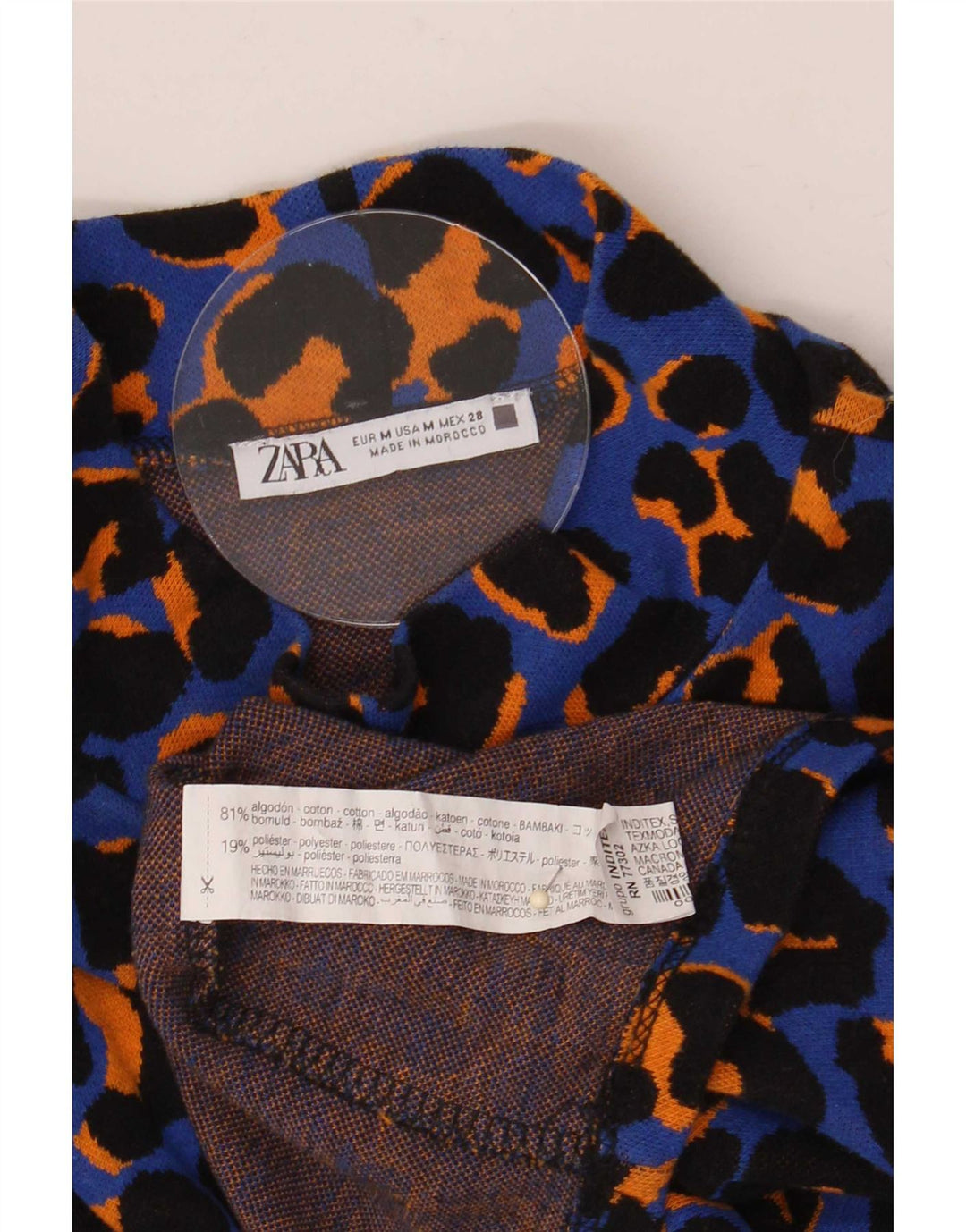 Zara Top feminino oversized manga comprida Reino Unido 14 algodão azul médio com estampa animal