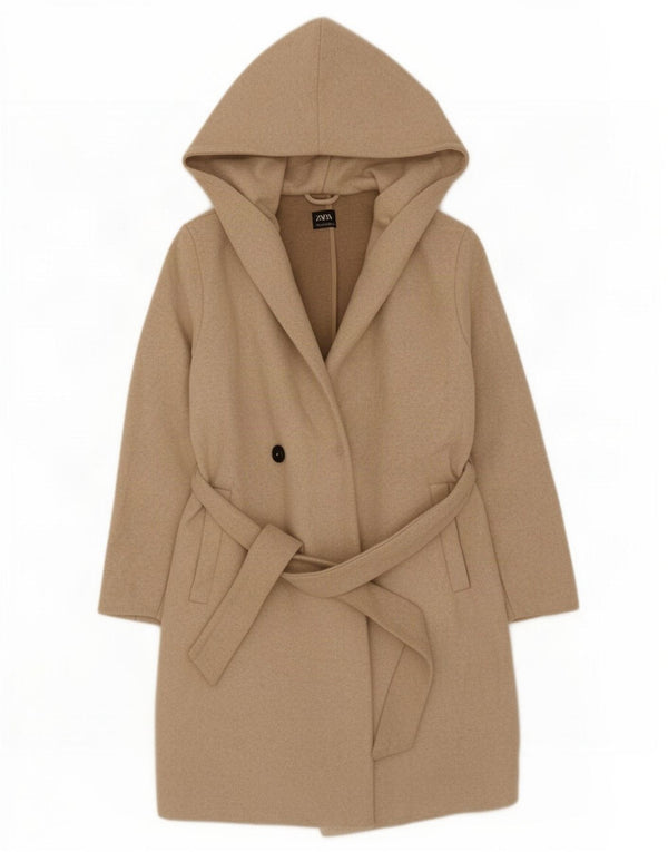 Sobretudo feminino Zara com capuz UK 10 pequeno poliéster bege