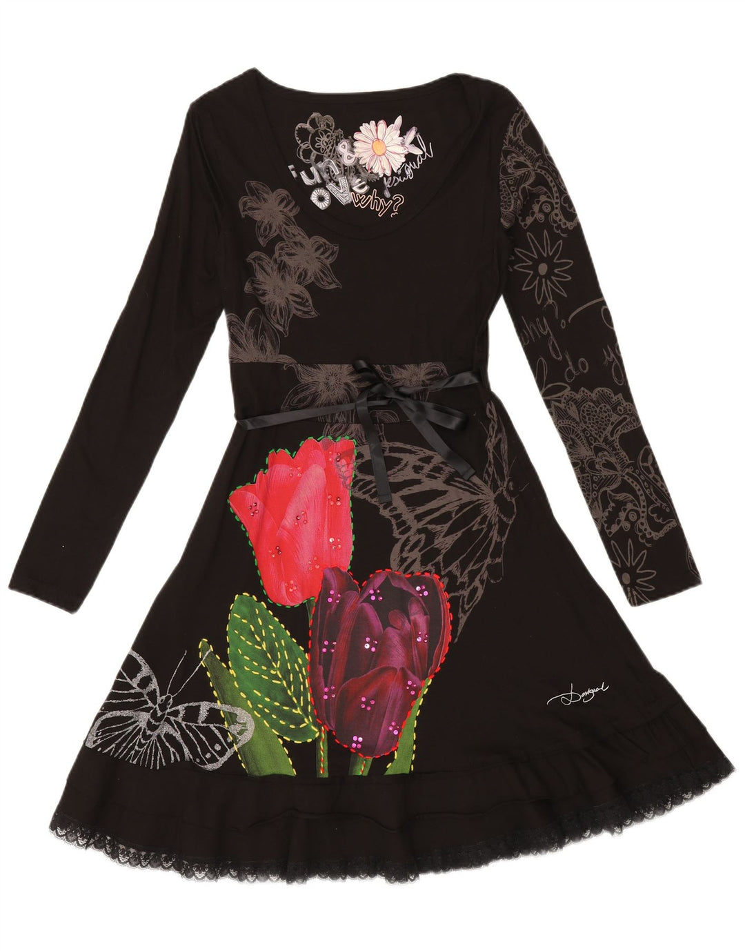 Vestido feminino Desigual A-Line UK 12 médio preto floral colorido