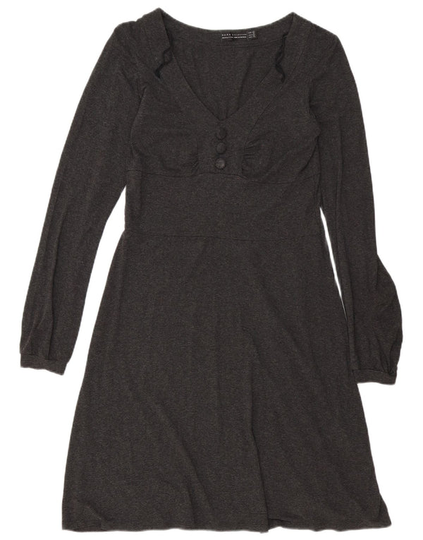 Vestido feminino Zara manga comprida evasê Reino Unido 14 grande viscose manchada cinza