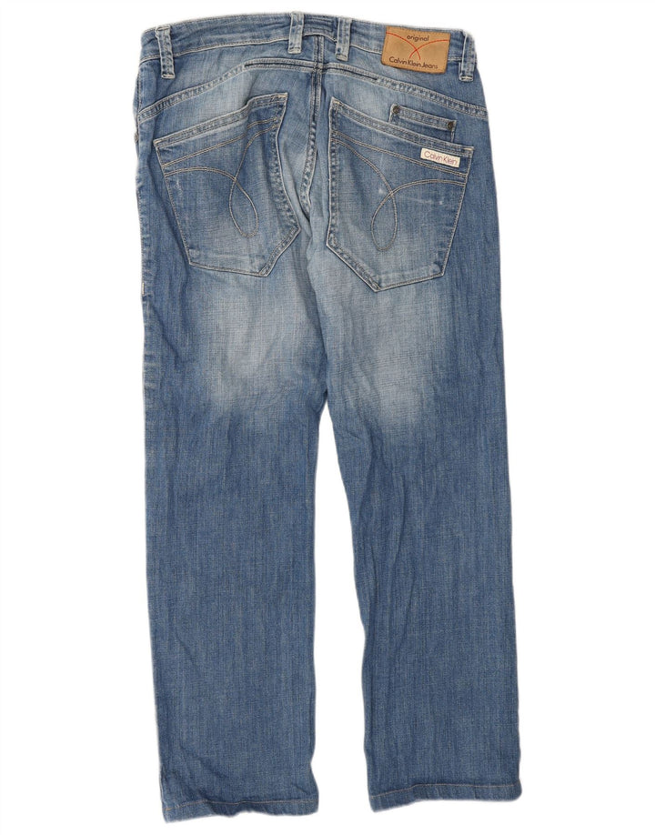 Calça jeans reta masculina Calvin Klein desgastada W32 L28 algodão azul
