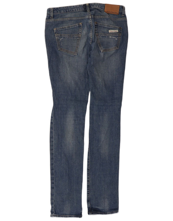 Calça jeans feminina Calvin Klein desgastada slim W30 L33 algodão azul