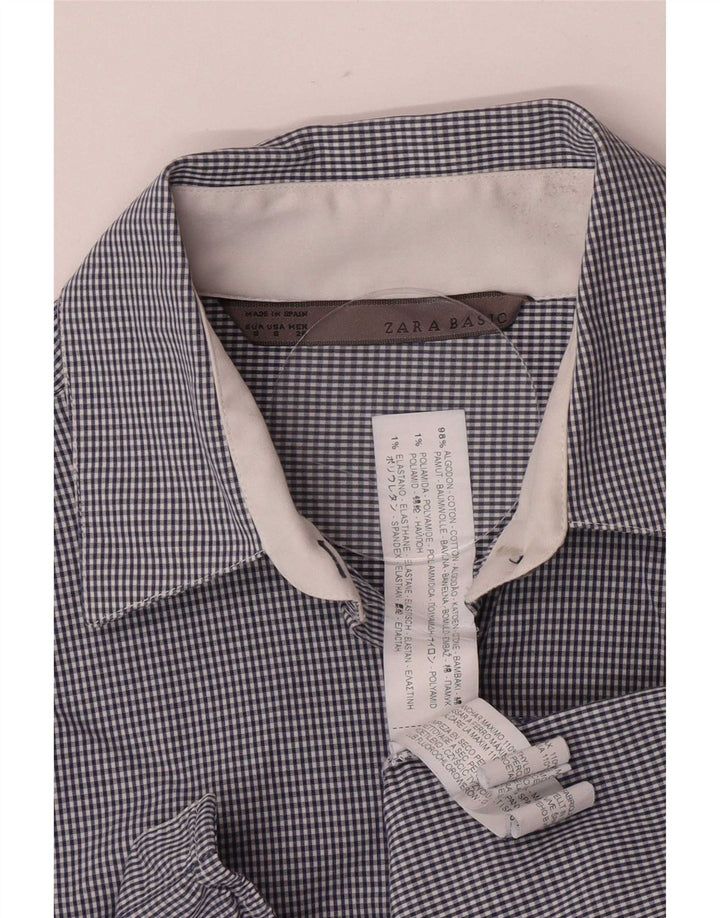 Zara Camisa feminina pequena azul guingão algodão