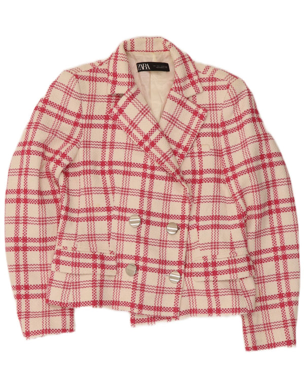 Jaqueta blazer feminina Zara com peito duplo Reino Unido 10 pequena xadrez branca