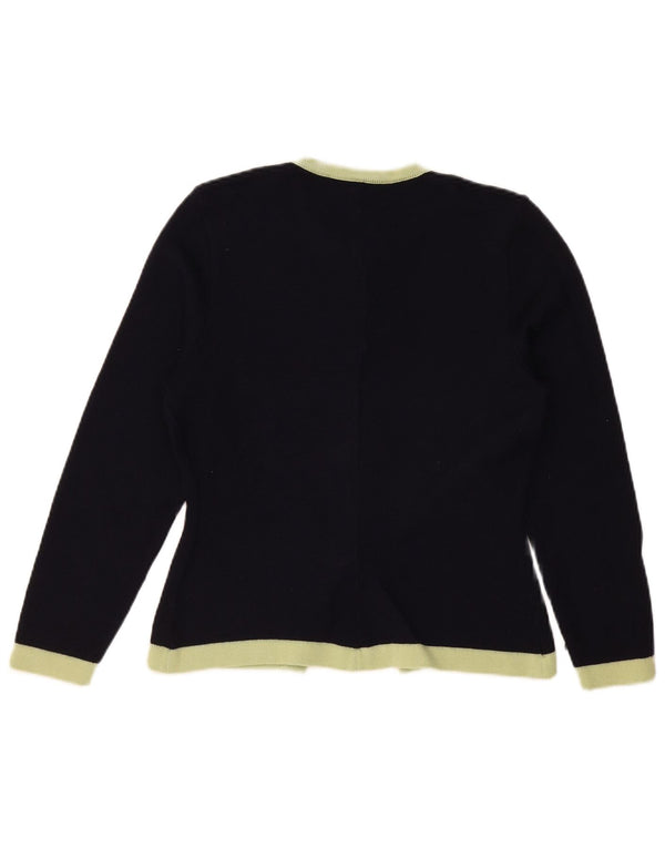 Suéter cardigã feminino vintage grande Reino Unido 10 pequeno bloco colorido azul marinho