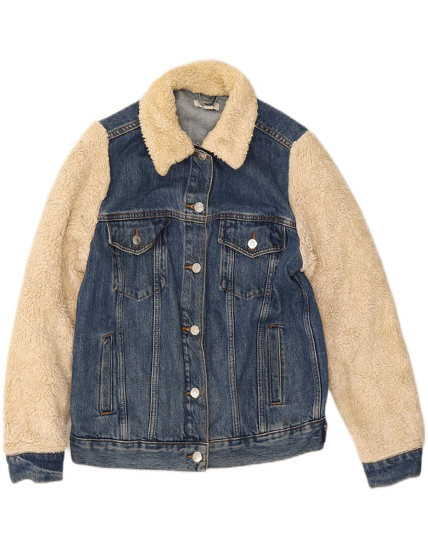 Jaqueta jeans feminina Topshop de corte solto de pele sintética Reino Unido 6 XS azul colorblock