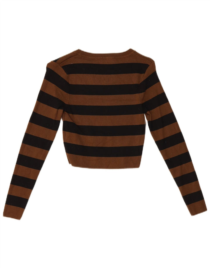 Zara Top curto feminino manga comprida Reino Unido 12 viscose listrada marrom médio