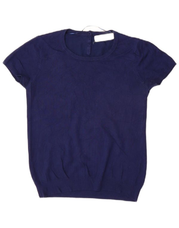 Suéter feminino Zara de manga curta com gola redonda Reino Unido 12 médio azul marinho