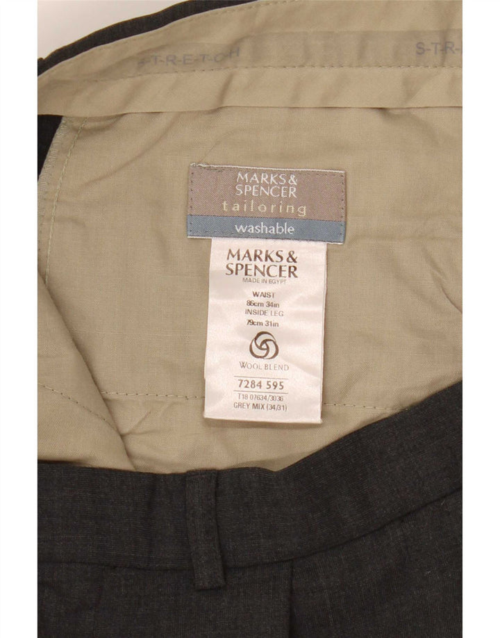 Calça masculina Marks & Spencer sob medida com pregas W34 L28 poliéster cinza